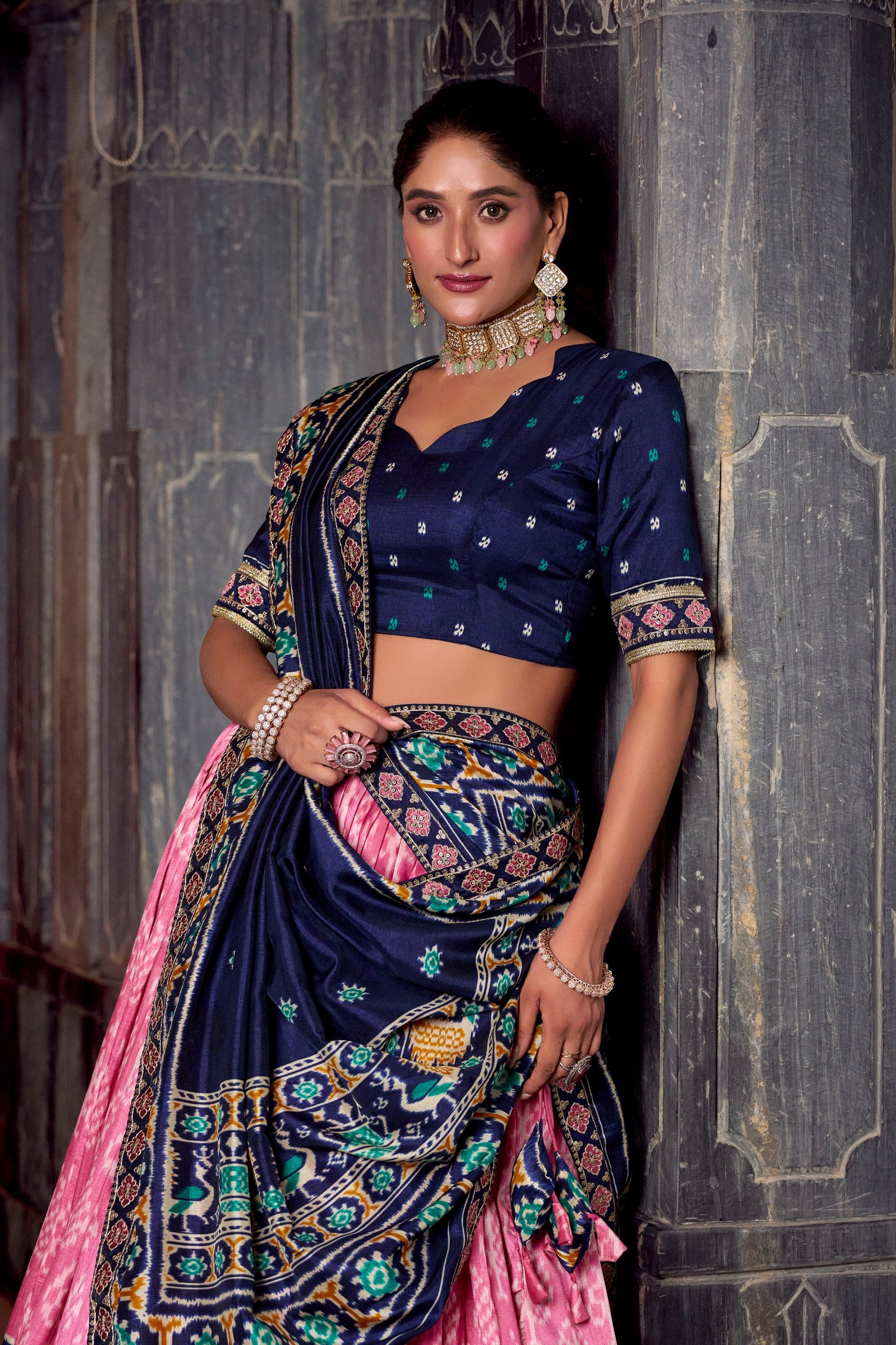 Light Pink Tasar Silk Ikkat Print Sequins And Thread Embroidery Work Lehenga Choli