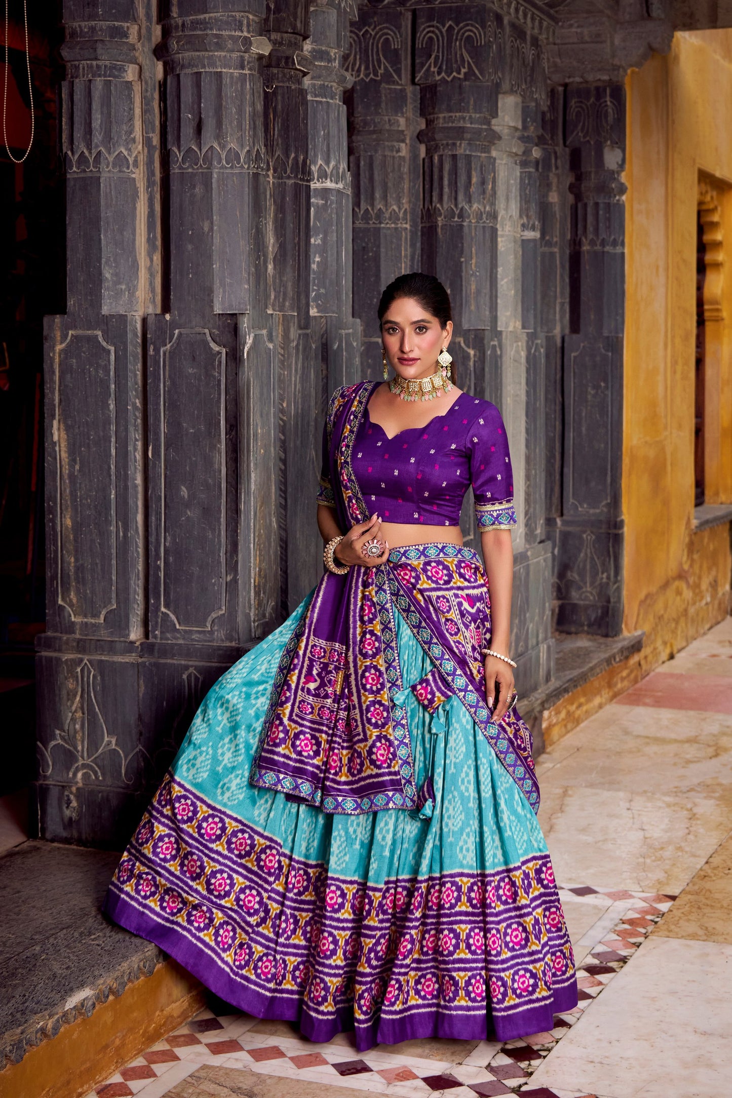 Sea Blue Tasar Silk Ikkat Print Sequins And Thread Embroidery Work Lehenga Choli