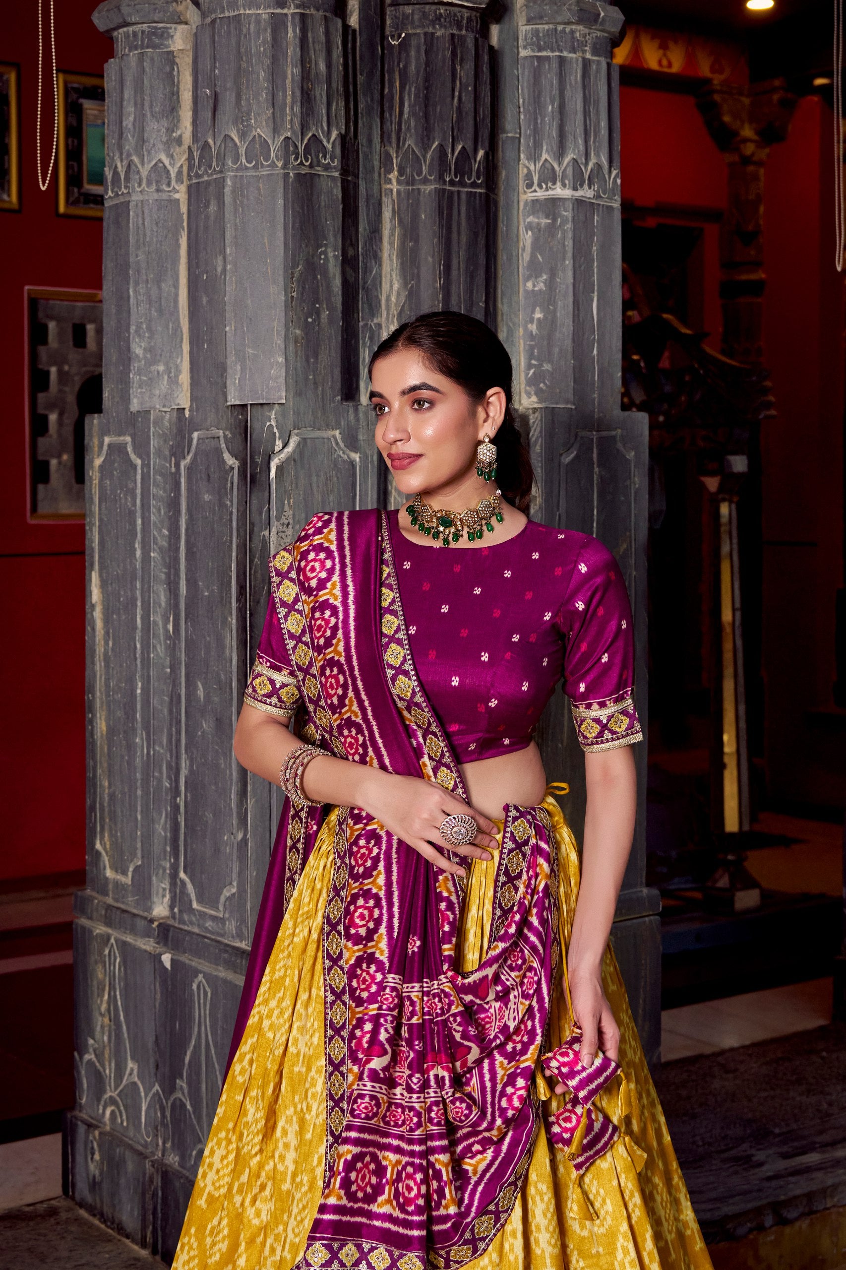 Musterd Tasar Silk Ikkat Print Sequins And Thread Embroidery Work Lehenga Choli