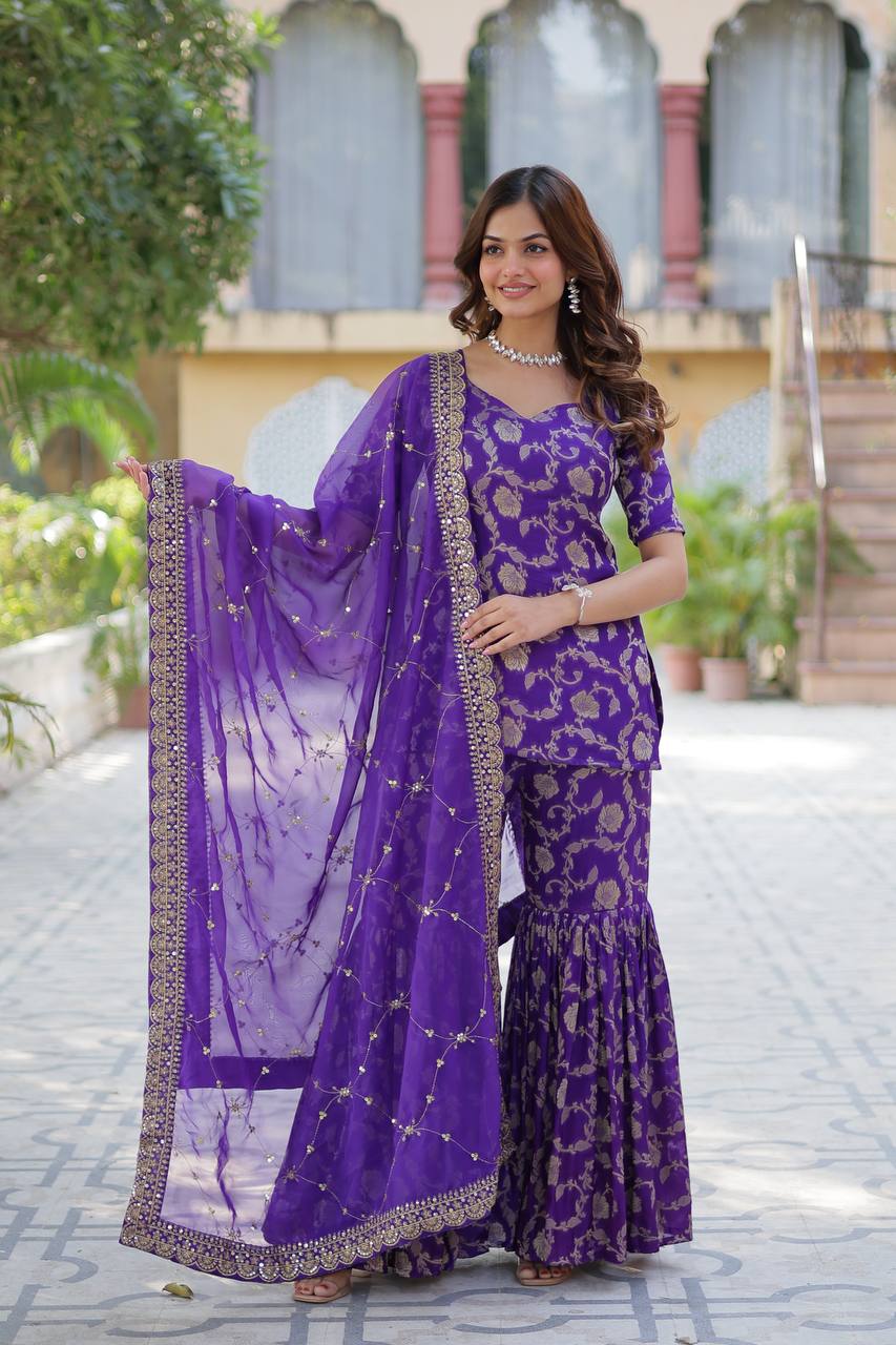 Purple Designer Viscose Georgette Jacquard Ghararar Set