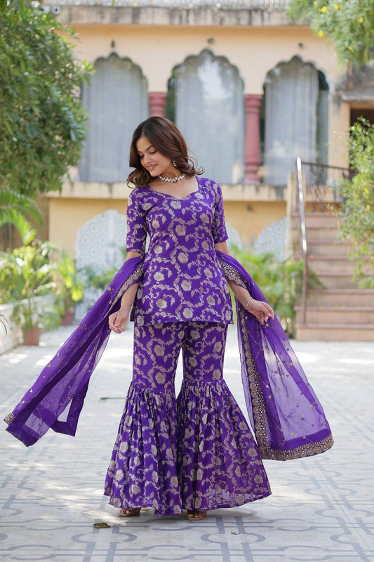 Purple Designer Viscose Georgette Jacquard Ghararar Set