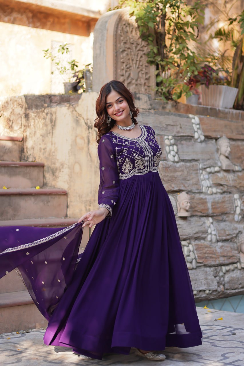 Purple Faux Blooming With Sequins Multi Zari Embroidered Work Gown
