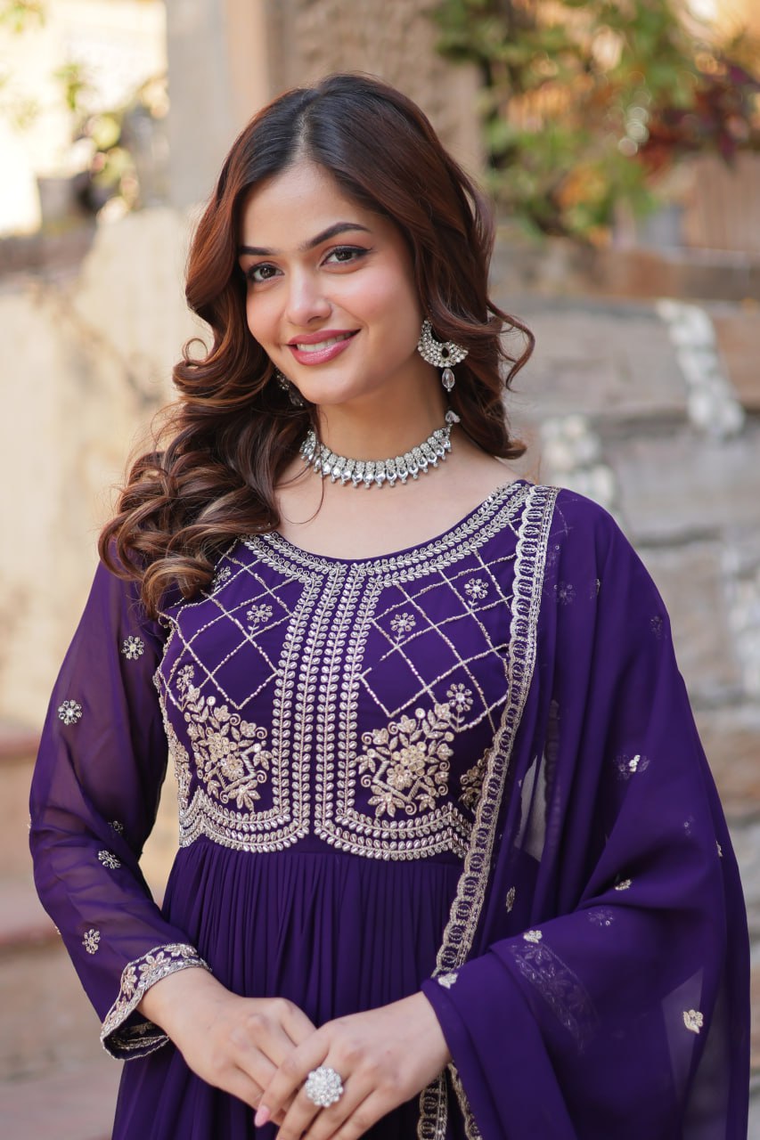 Purple Faux Blooming With Sequins Multi Zari Embroidered Work Gown