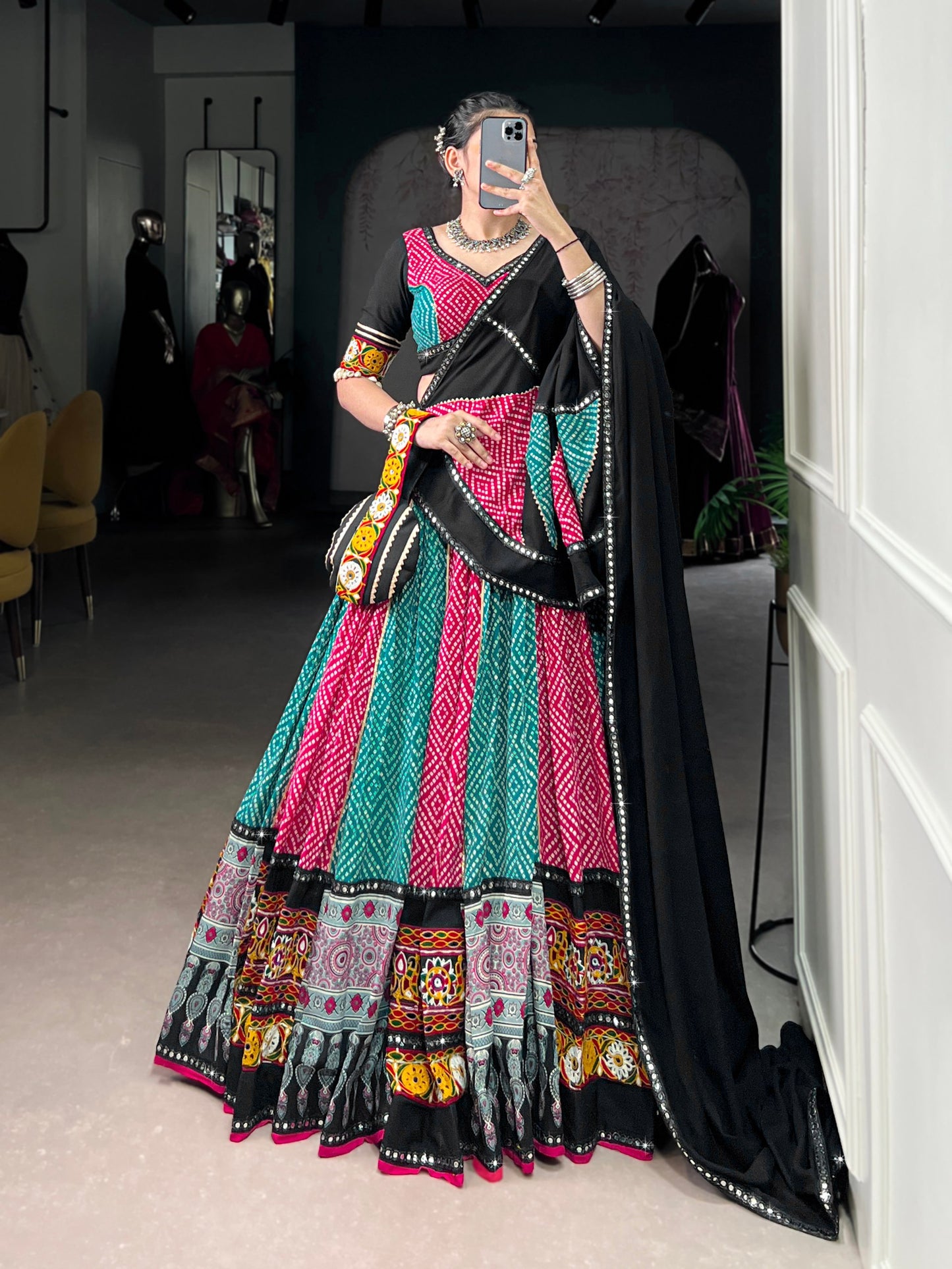 Pink Pure Rayon Bandhej And Ajarakh With Paper Mirror And Gamthi Work Navratri Lehenga Choli