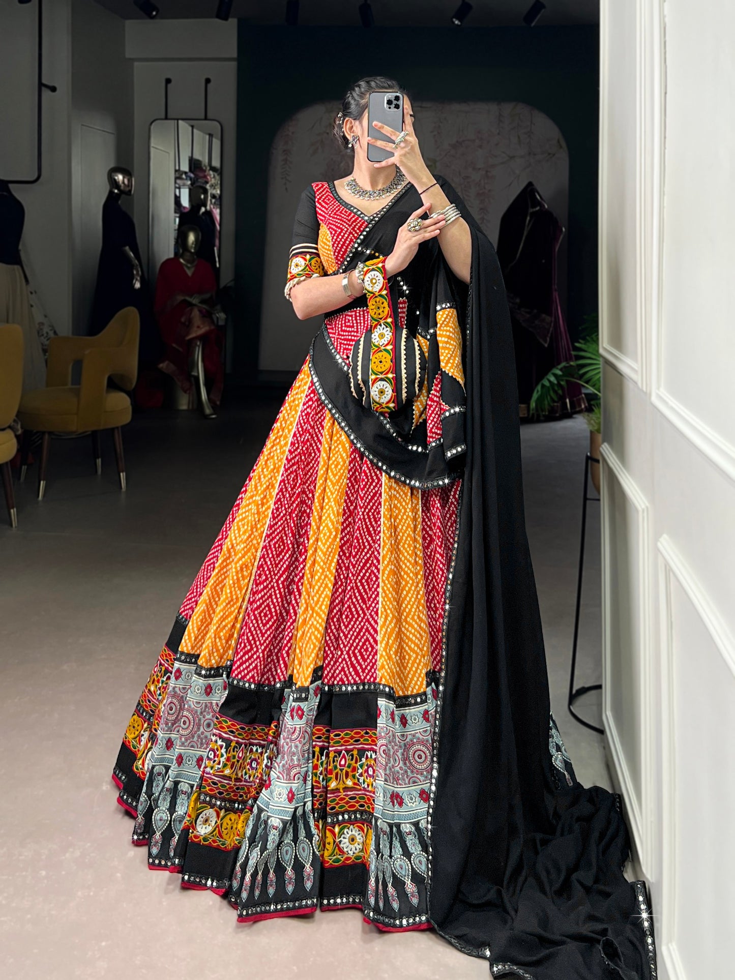 Yellow Pure Rayon Bandhej And Ajarakh With Paper Mirror And Gamthi Work Navratri Lehenga Choli