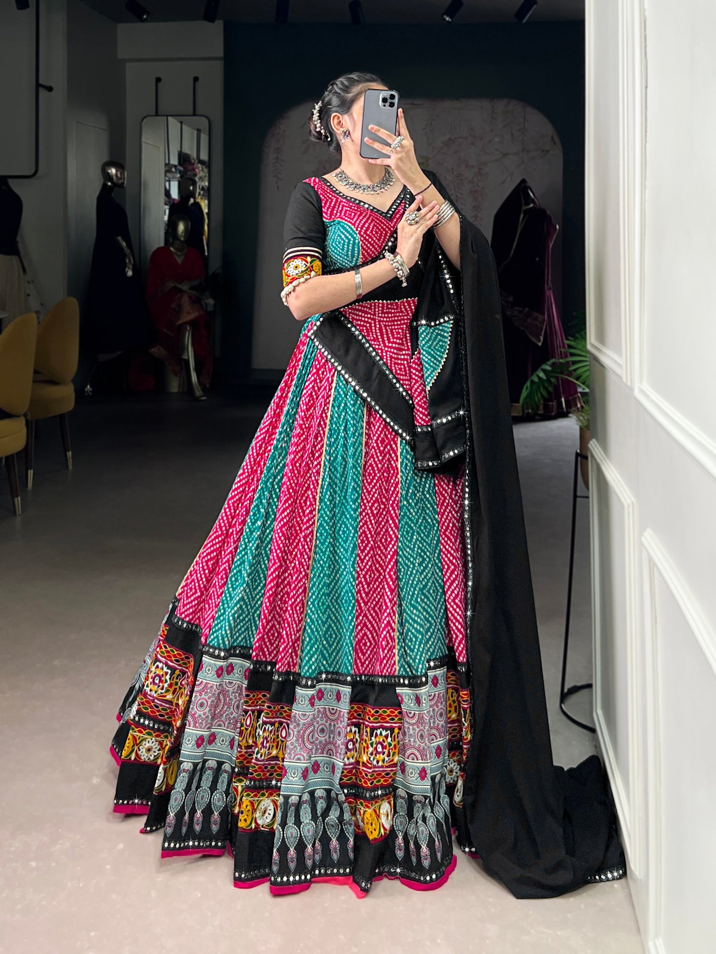 Pink Pure Rayon Bandhej And Ajarakh With Paper Mirror And Gamthi Work Navratri Lehenga Choli