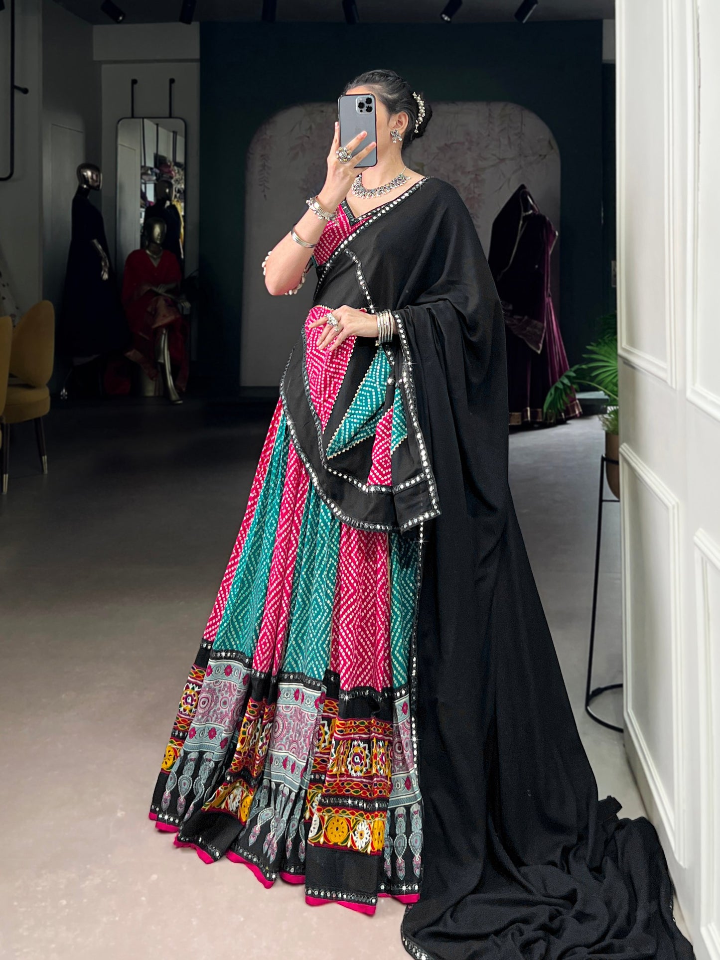 Pink Pure Rayon Bandhej And Ajarakh With Paper Mirror And Gamthi Work Navratri Lehenga Choli