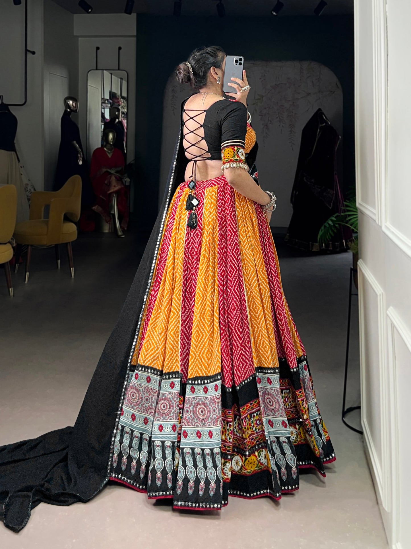 Yellow Pure Rayon Bandhej And Ajarakh With Paper Mirror And Gamthi Work Navratri Lehenga Choli