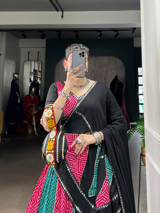 Pink Pure Rayon Bandhej And Ajarakh With Paper Mirror And Gamthi Work Navratri Lehenga Choli