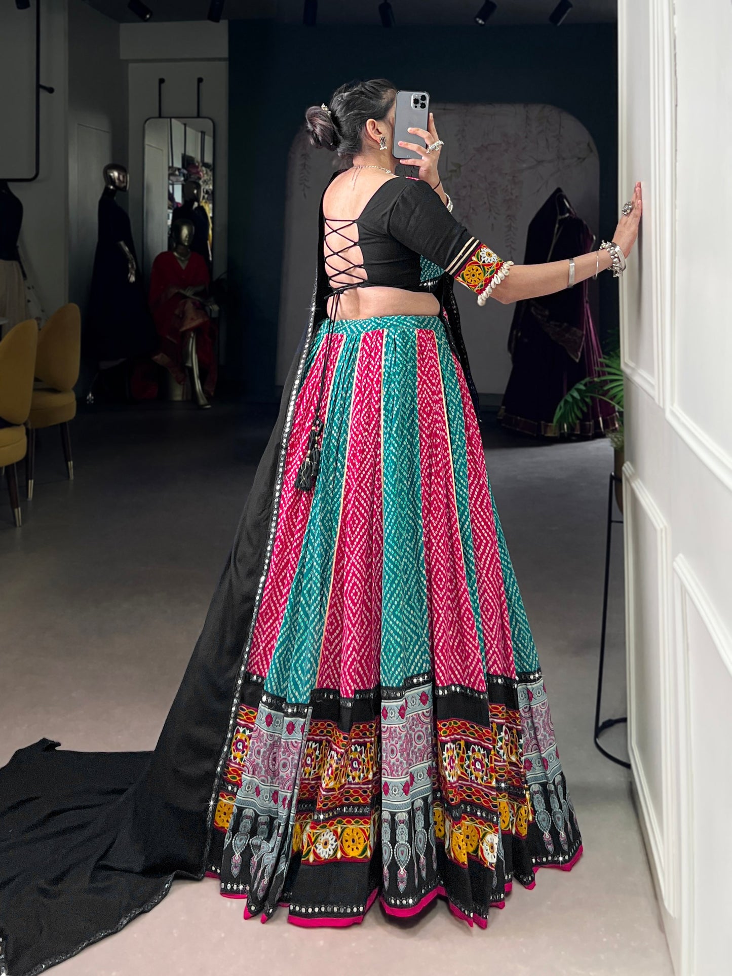 Pink Pure Rayon Bandhej And Ajarakh With Paper Mirror And Gamthi Work Navratri Lehenga Choli