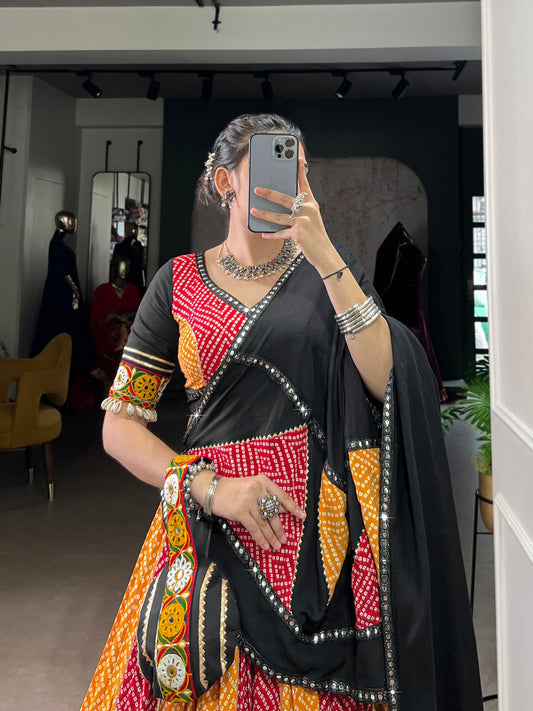 Yellow Pure Rayon Bandhej And Ajarakh With Paper Mirror And Gamthi Work Navratri Lehenga Choli