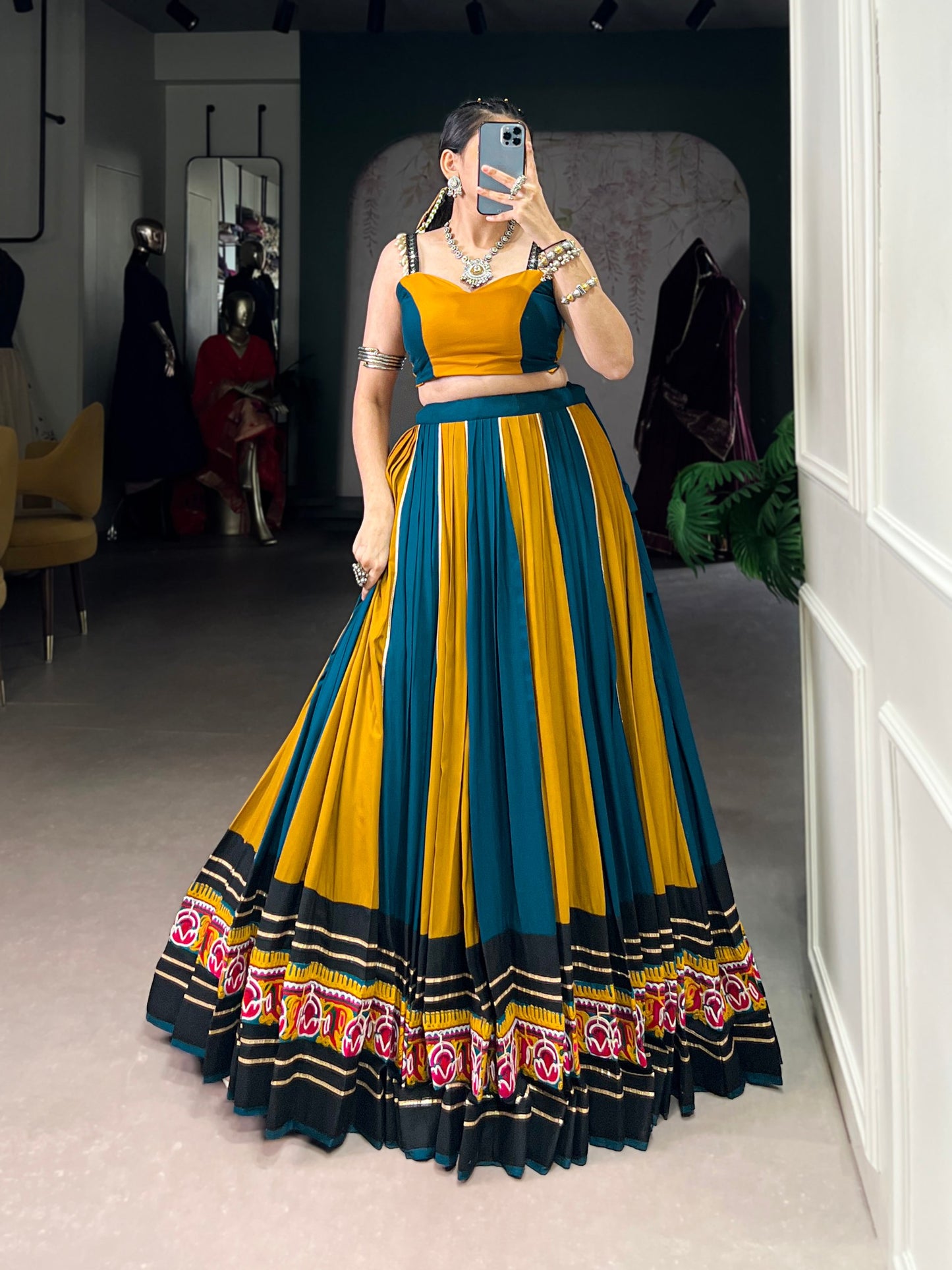 Musterd Pure Rayon Gamthi Work With Gotta Patti Lace Work Navratri Lehenga Choli