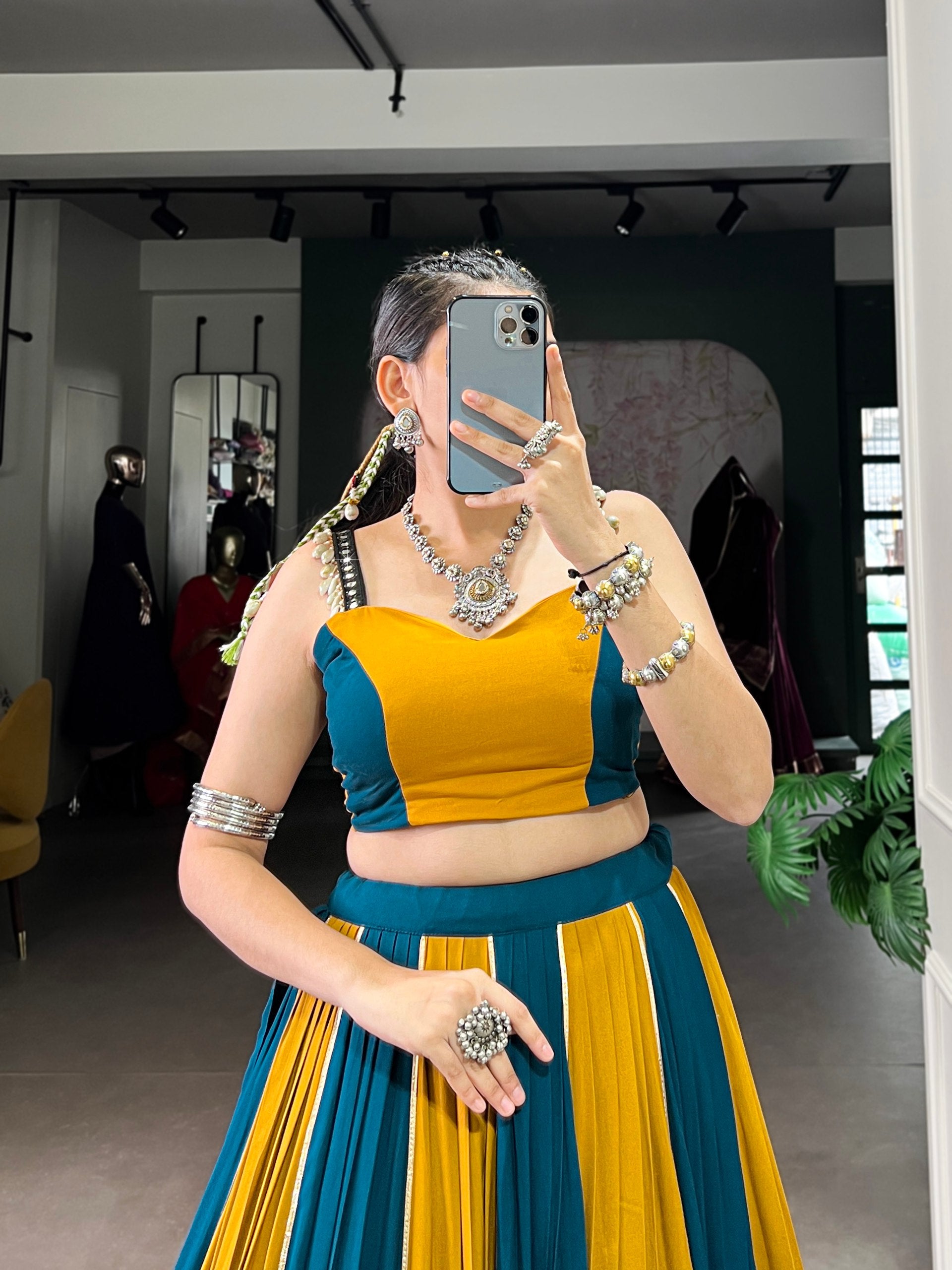 Musterd Pure Rayon Gamthi Work With Gotta Patti Lace Work Navratri Lehenga Choli