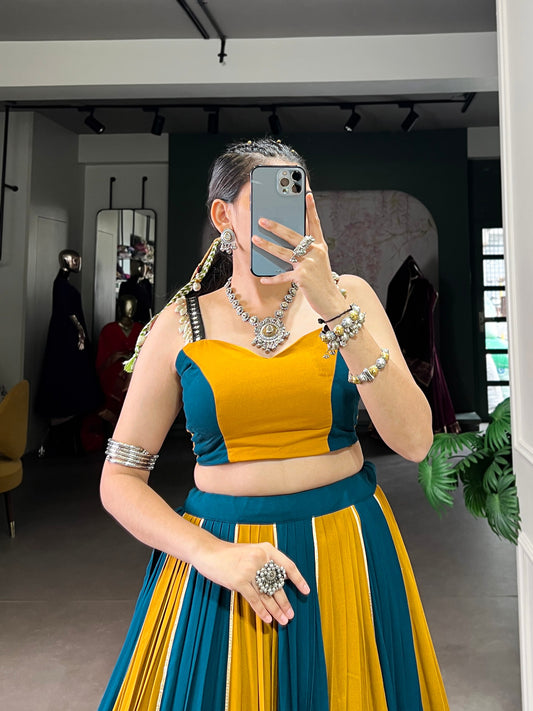 Musterd Pure Rayon Gamthi Work With Gotta Patti Lace Work Navratri Lehenga Choli