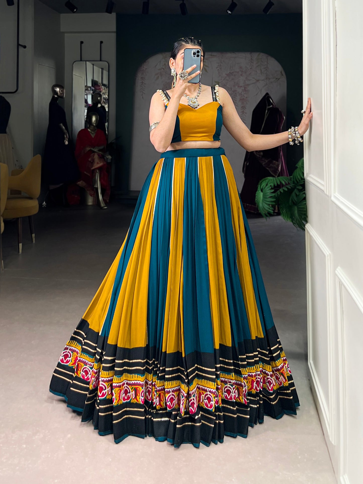 Musterd Pure Rayon Gamthi Work With Gotta Patti Lace Work Navratri Lehenga Choli