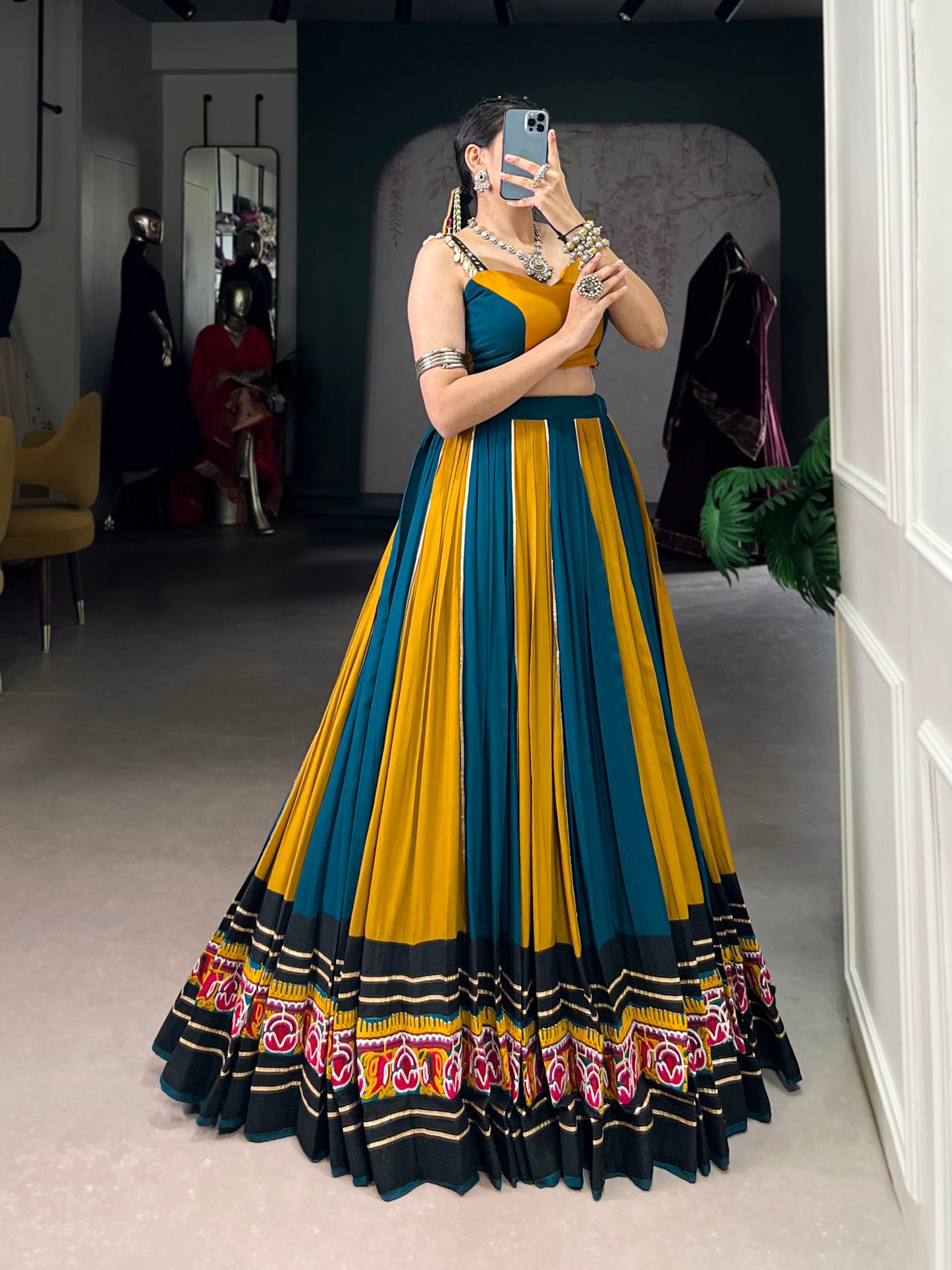 Musterd Pure Rayon Gamthi Work With Gotta Patti Lace Work Navratri Lehenga Choli