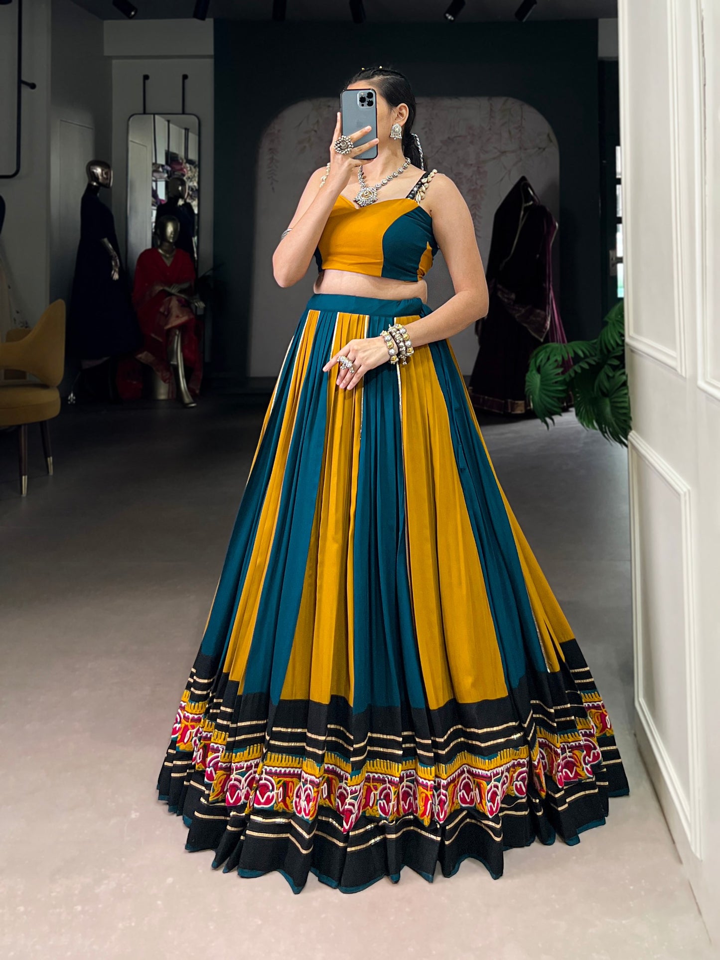 Musterd Pure Rayon Gamthi Work With Gotta Patti Lace Work Navratri Lehenga Choli