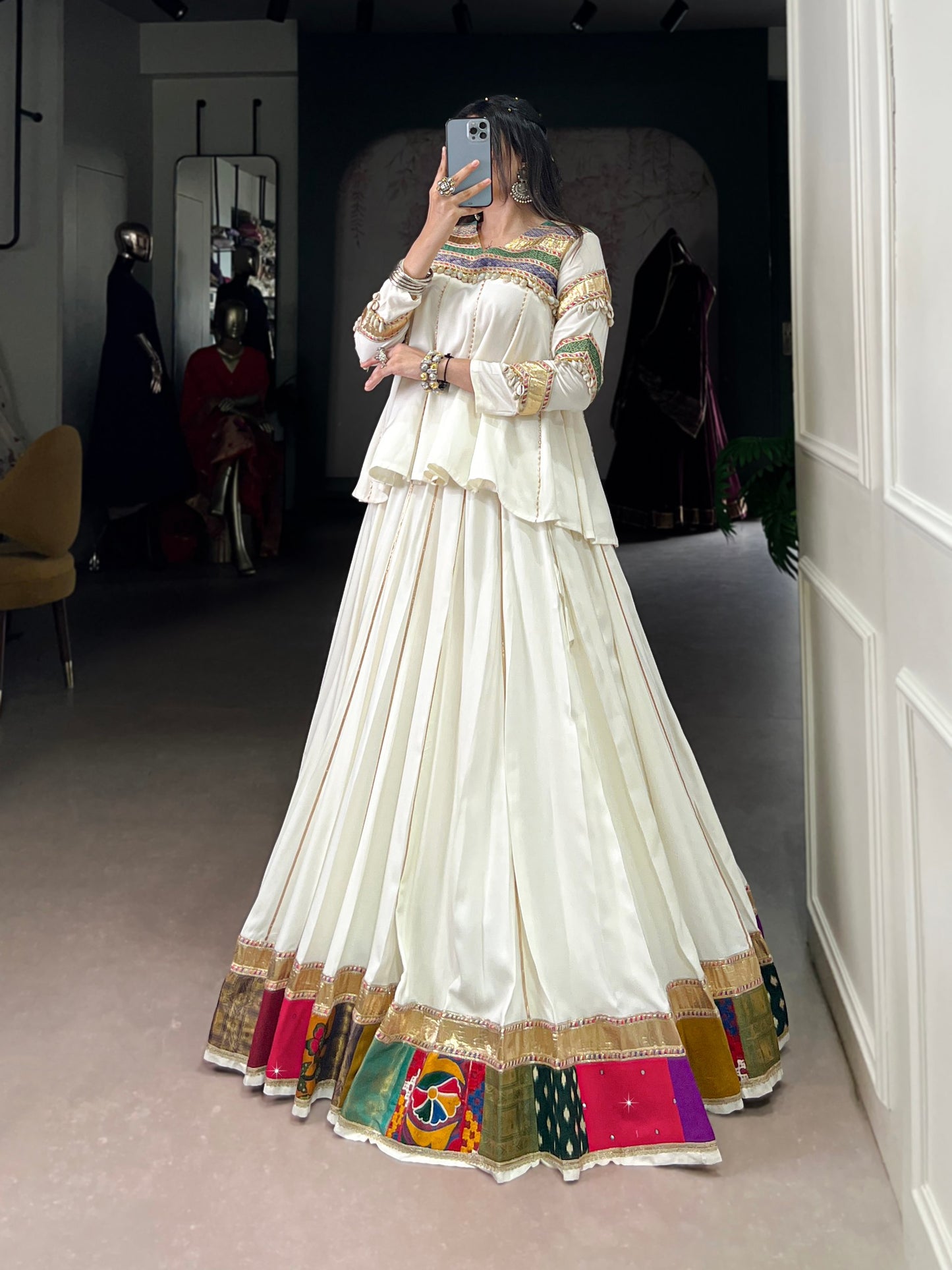 White Pure Rayon Multi Patche Work With Gotta Patti Work Navratri Lehenga Choli