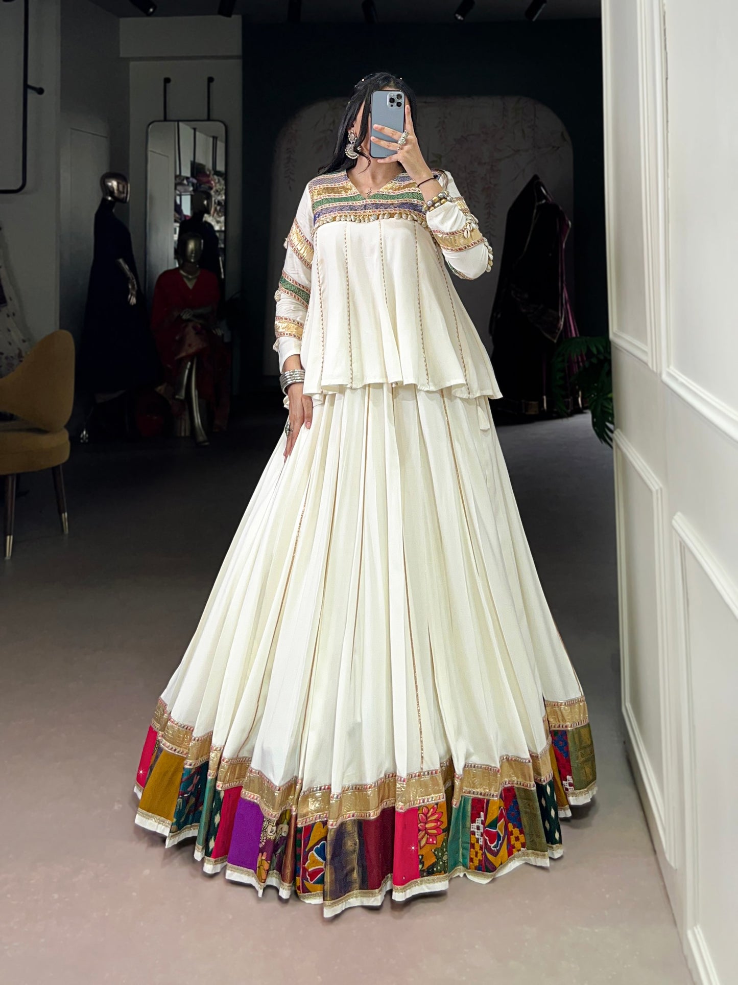 White Pure Rayon Multi Patche Work With Gotta Patti Work Navratri Lehenga Choli