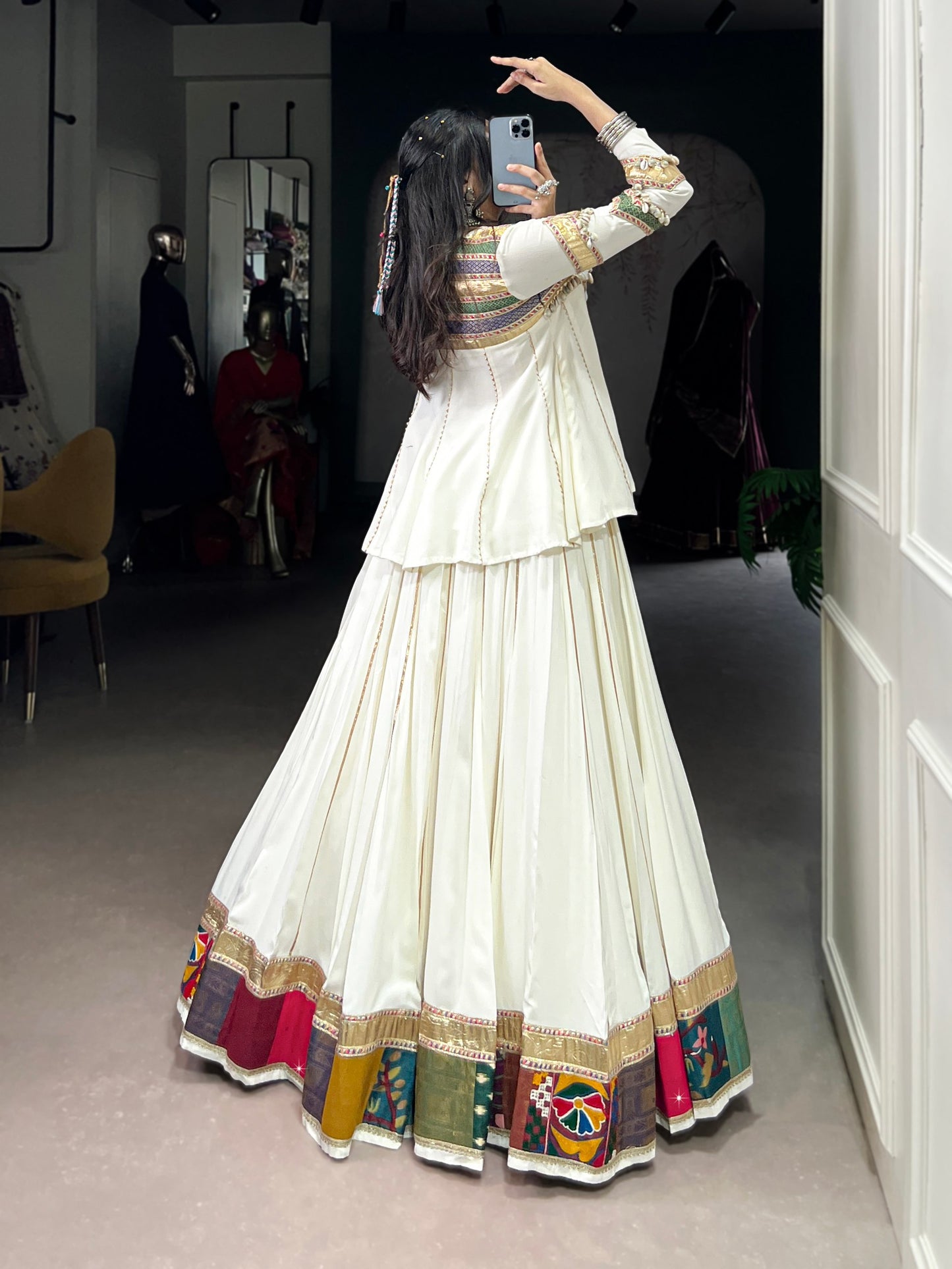 White Pure Rayon Multi Patche Work With Gotta Patti Work Navratri Lehenga Choli
