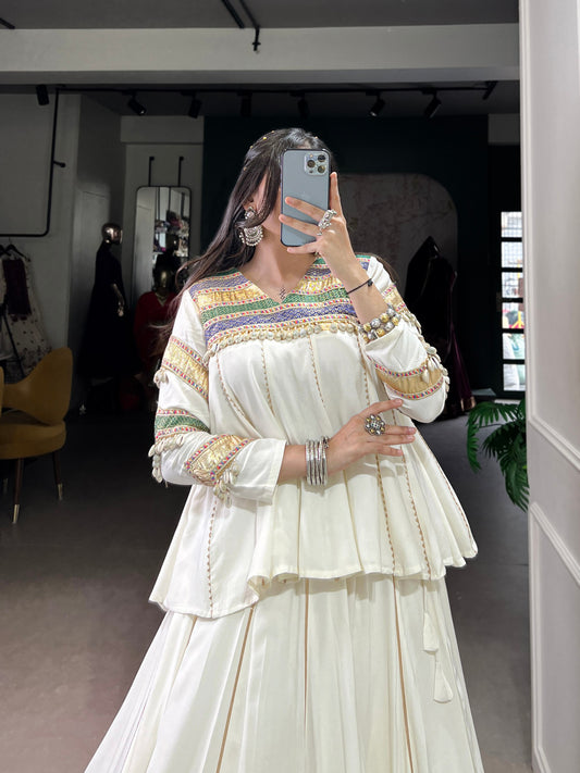 White Pure Rayon Multi Patche Work With Gotta Patti Work Navratri Lehenga Choli