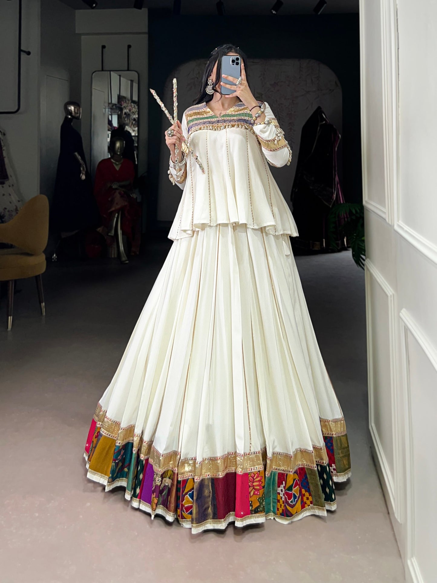 White Pure Rayon Multi Patche Work With Gotta Patti Work Navratri Lehenga Choli