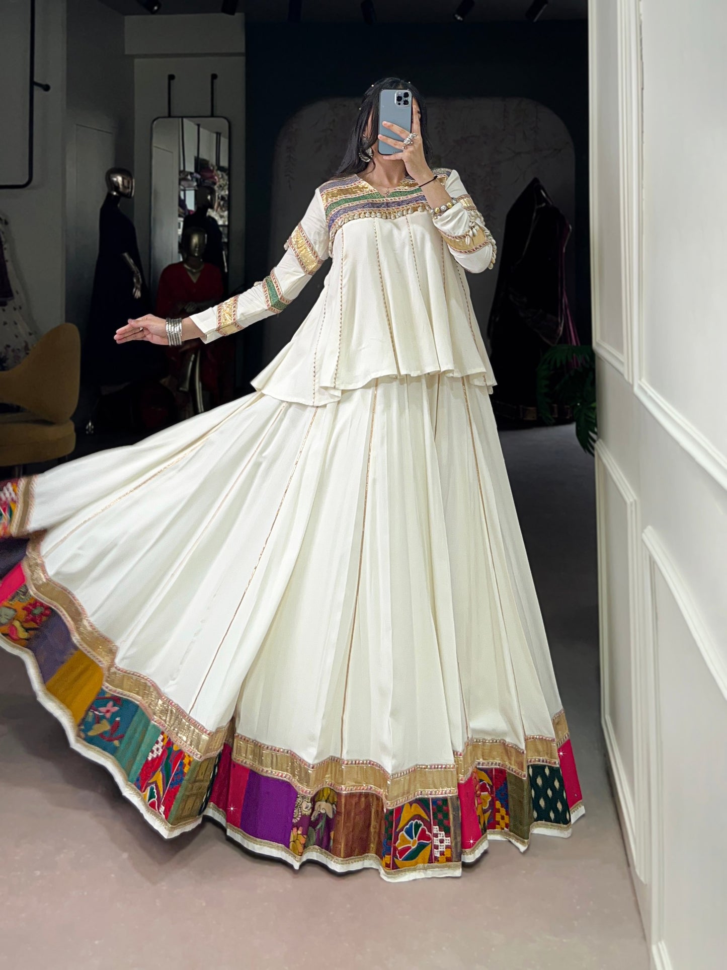 White Pure Rayon Multi Patche Work With Gotta Patti Work Navratri Lehenga Choli