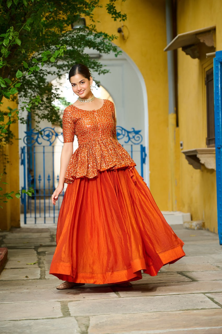 Orange Fendy Sequins Embroidered Work Lehenga Choli