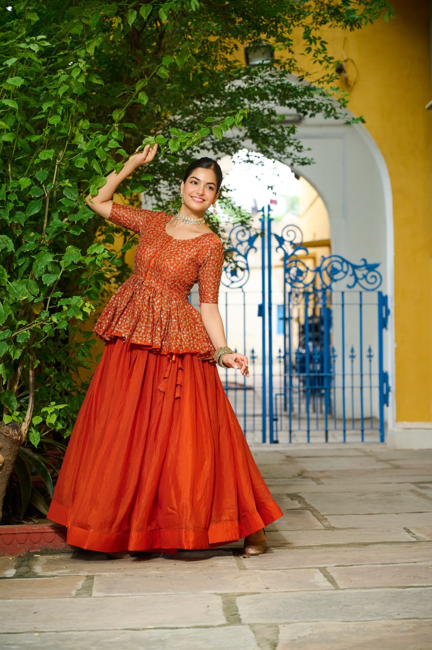 Orange Fendy Sequins Embroidered Work Lehenga Choli