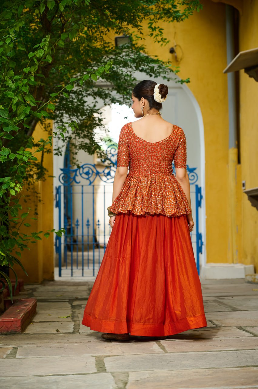 Orange Fendy Sequins Embroidered Work Lehenga Choli