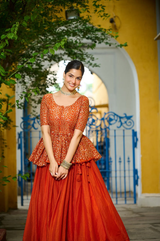 Orange Fendy Sequins Embroidered Work Lehenga Choli