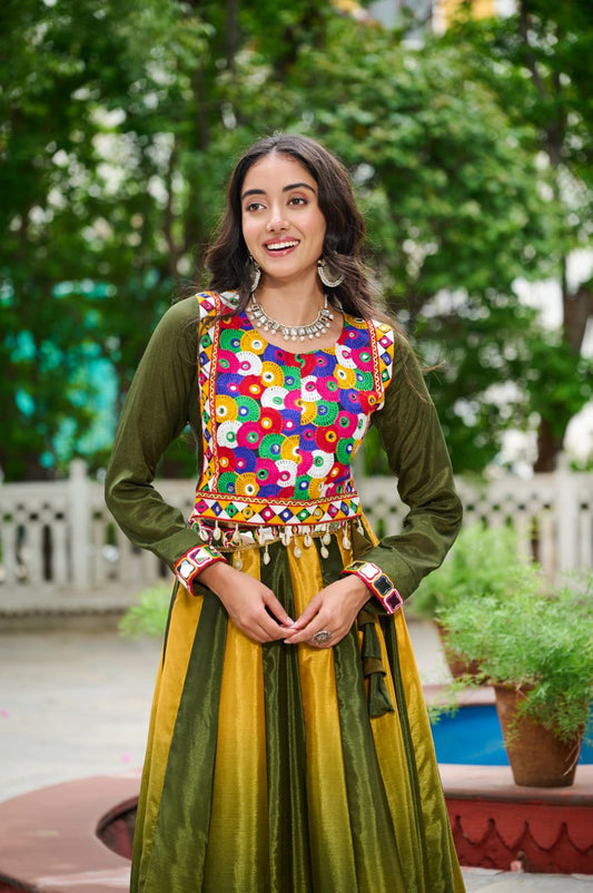 Mehendi Multicolor Kutchi Gamthi Embroidered Work Navratri Lehenga Choli