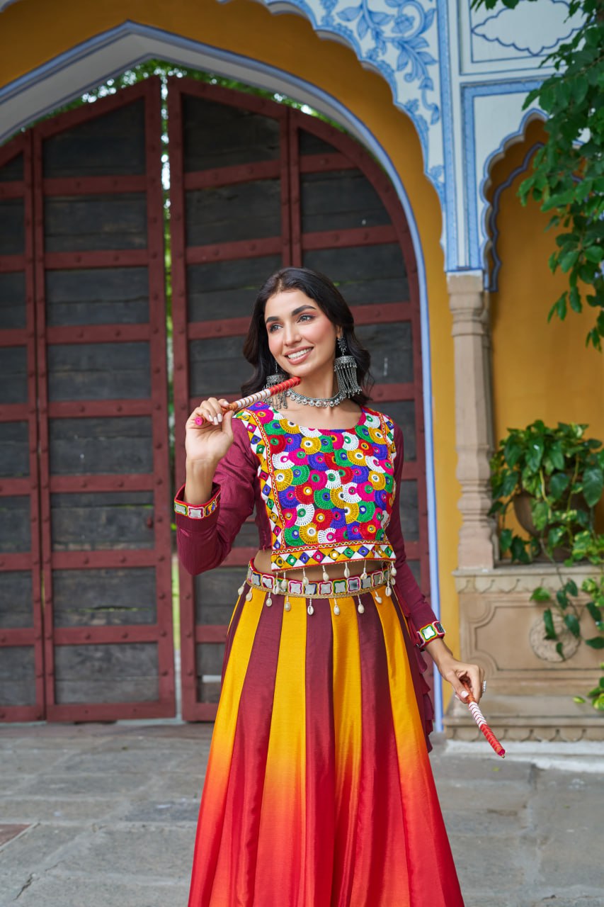 Maroon Multicolor Kutchi Gamthi Embroidered Work Navratri Lehenga Choli