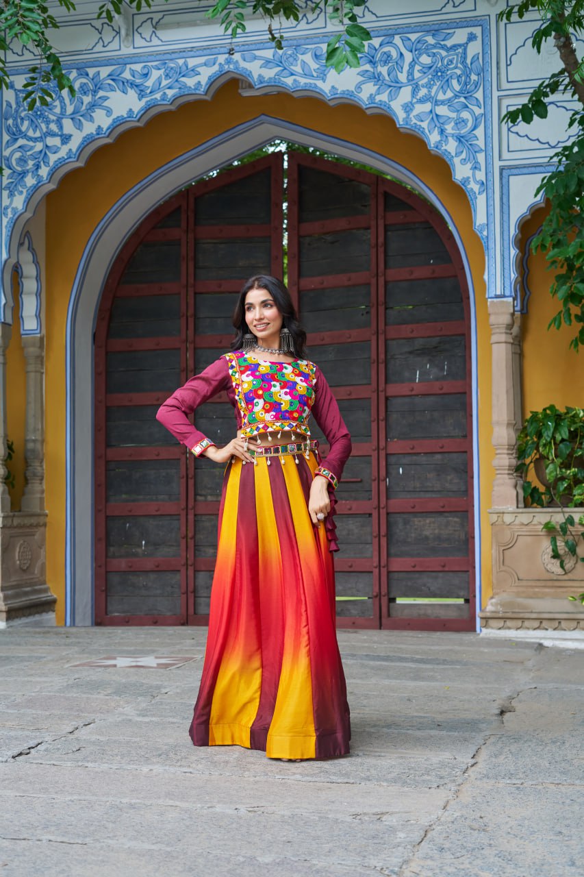 Maroon Multicolor Kutchi Gamthi Embroidered Work Navratri Lehenga Choli