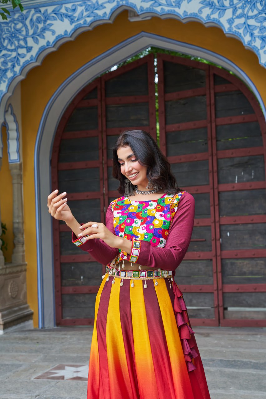 Maroon Multicolor Kutchi Gamthi Embroidered Work Navratri Lehenga Choli