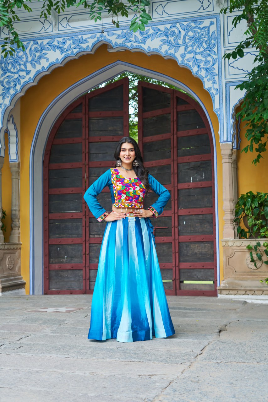 Sky Blue Multicolor Kutchi Gamthi Embroidered Work Navratri Lehenga Choli