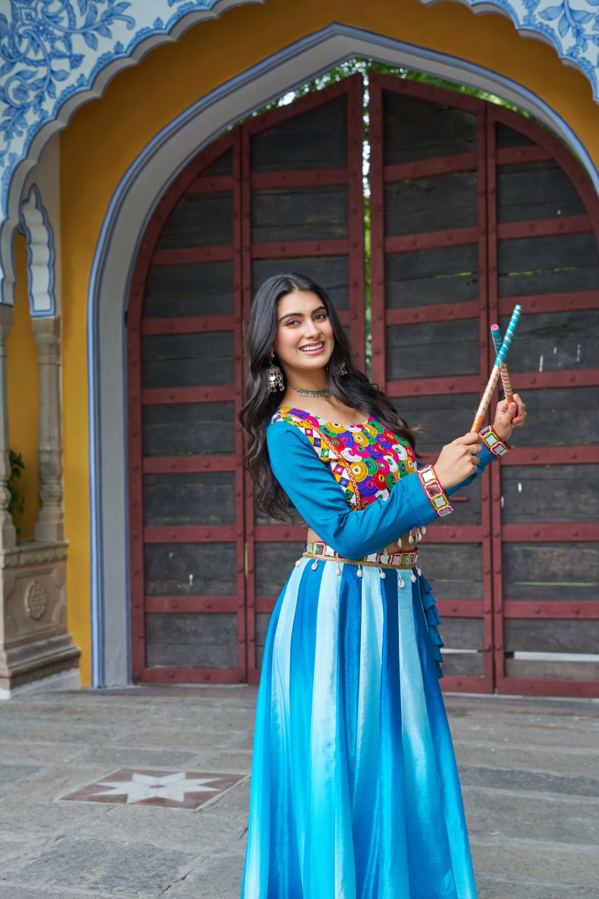 Sky Blue Multicolor Kutchi Gamthi Embroidered Work Navratri Lehenga Choli