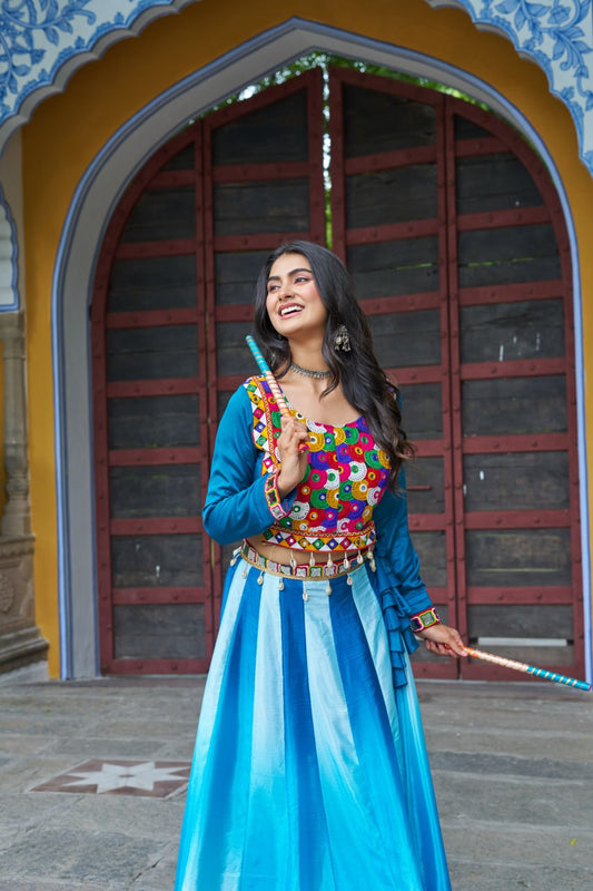Sky Blue Multicolor Kutchi Gamthi Embroidered Work Navratri Lehenga Choli