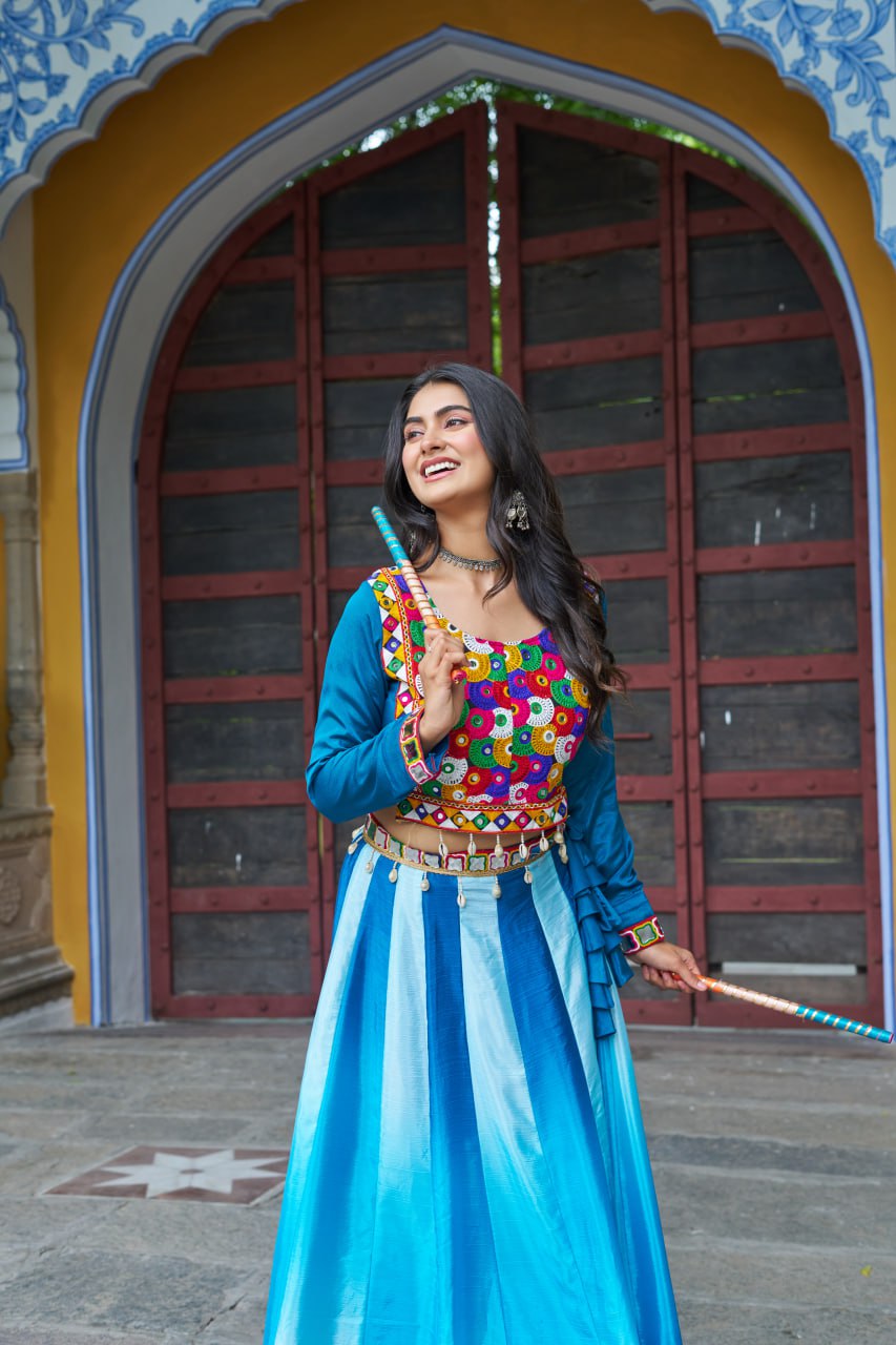 Sky Blue Multicolor Kutchi Gamthi Embroidered Work Navratri Lehenga Choli