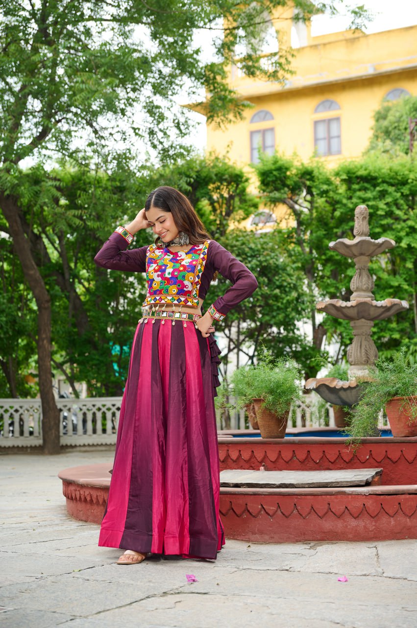 Dark Pink Multicolor Kutchi Gamthi Embroidered Work Navratri Lehenga Choli