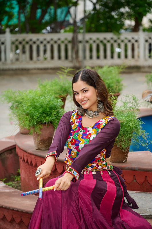 Dark Pink Multicolor Kutchi Gamthi Embroidered Work Navratri Lehenga Choli