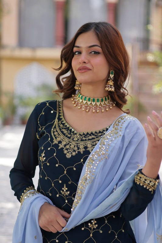 Navy Blue Faux Blooming With Sequins Embroidered Sharara