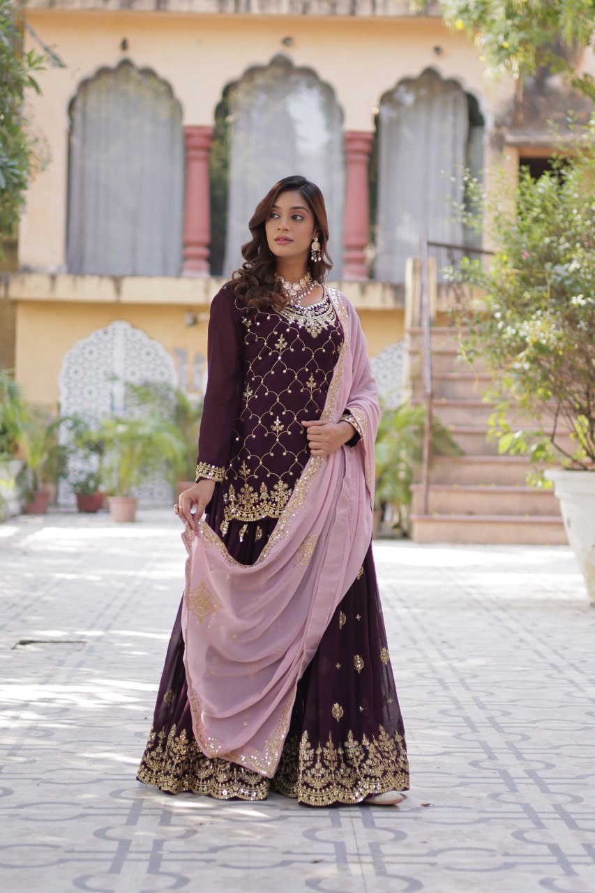 Wine Faux Blooming With Sequins Embroidered Sharara