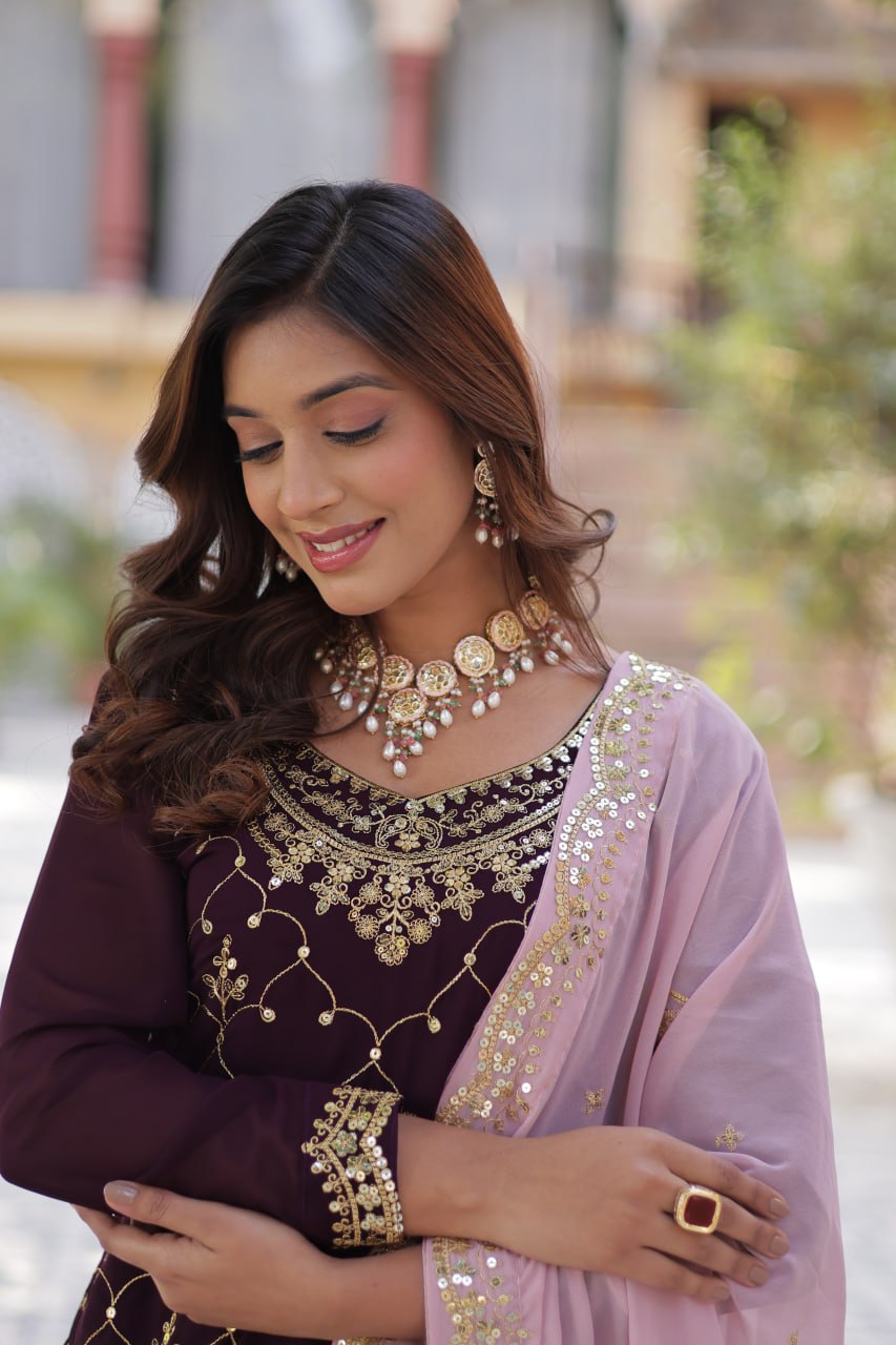 Wine Faux Blooming With Sequins Embroidered Sharara