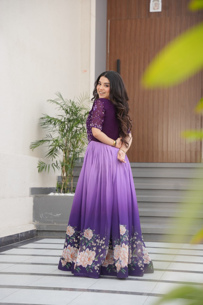 Lavender Faux Blooming With Beads Embroidered Work And Rich Floral Pedding Digital Print Gown