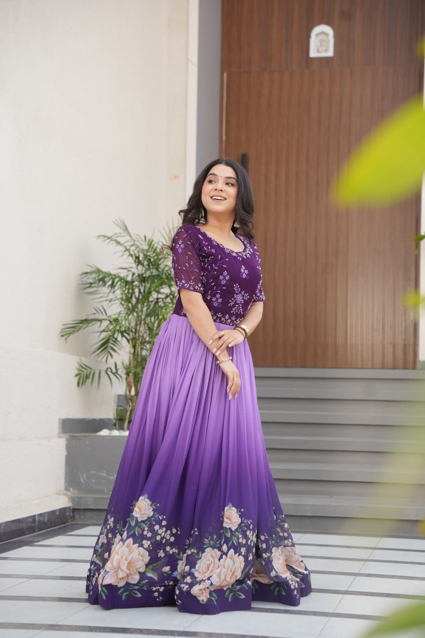 Lavender Faux Blooming With Beads Embroidered Work And Rich Floral Pedding Digital Print Gown