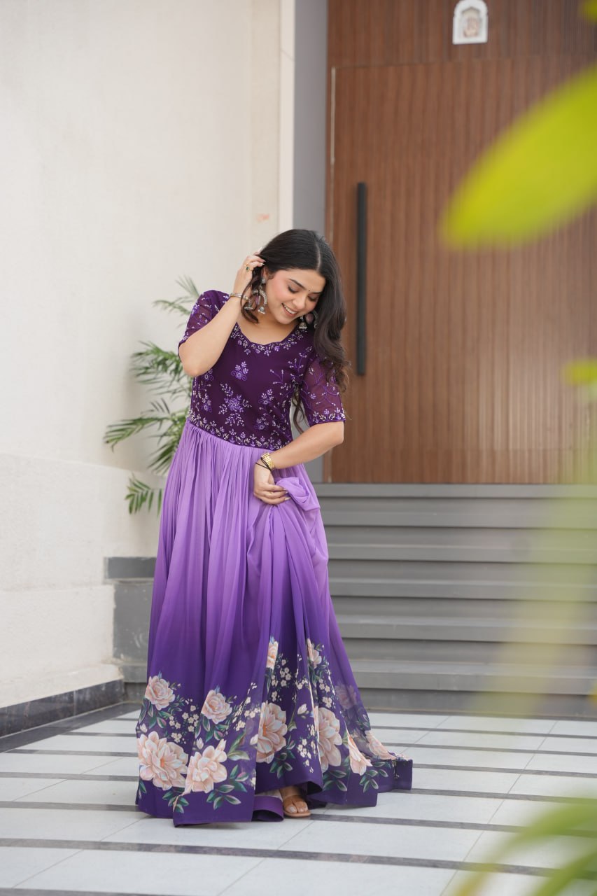 Lavender Faux Blooming With Beads Embroidered Work And Rich Floral Pedding Digital Print Gown