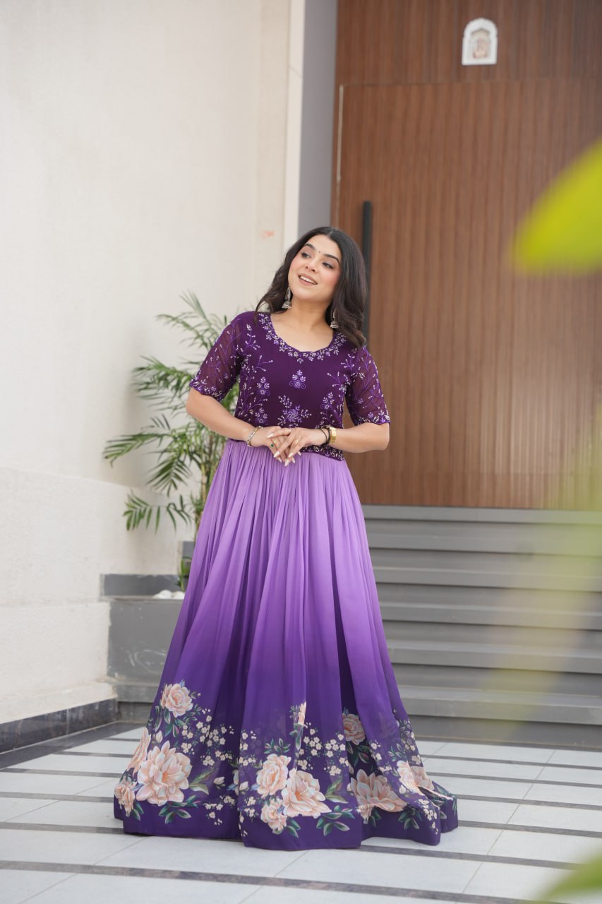 Lavender Faux Blooming With Beads Embroidered Work And Rich Floral Pedding Digital Print Gown