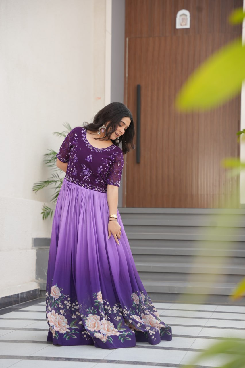Lavender Faux Blooming With Beads Embroidered Work And Rich Floral Pedding Digital Print Gown