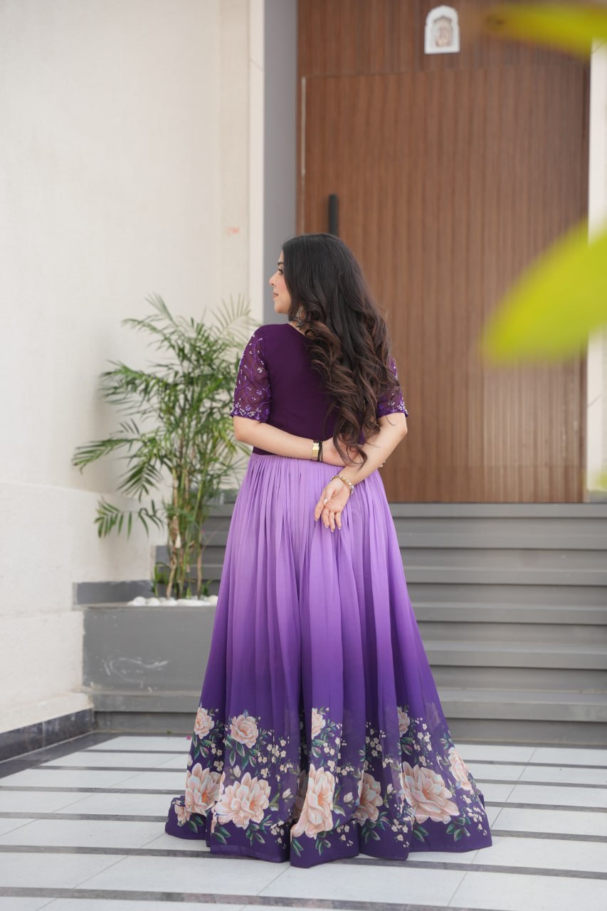 Lavender Faux Blooming With Beads Embroidered Work And Rich Floral Pedding Digital Print Gown